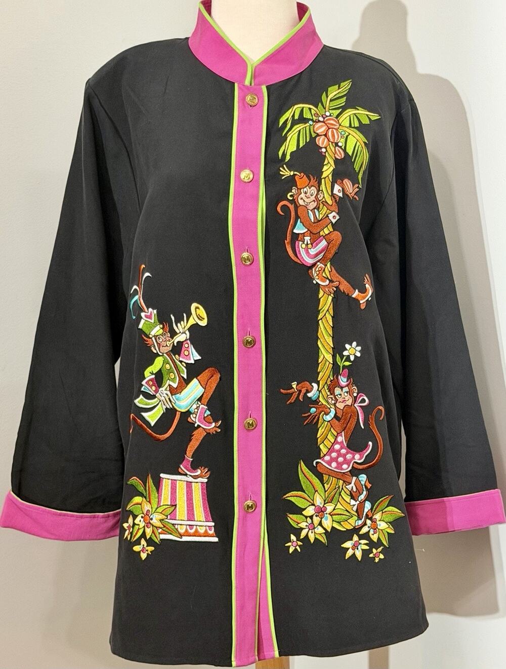 Rare Vintage Bob Mackie Silk Black Pink Monkey Embroidered Shirt jacket Large L